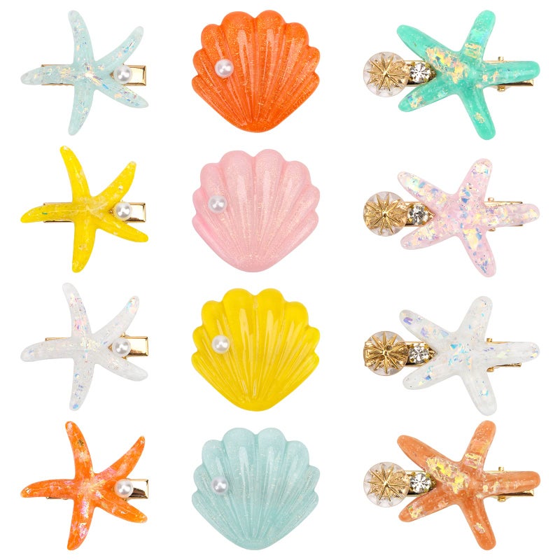 12 Pieces Catcan Starfish and Seashell Hair Clips Set  Artificial Hair Accessories for Womens Headwear Styling